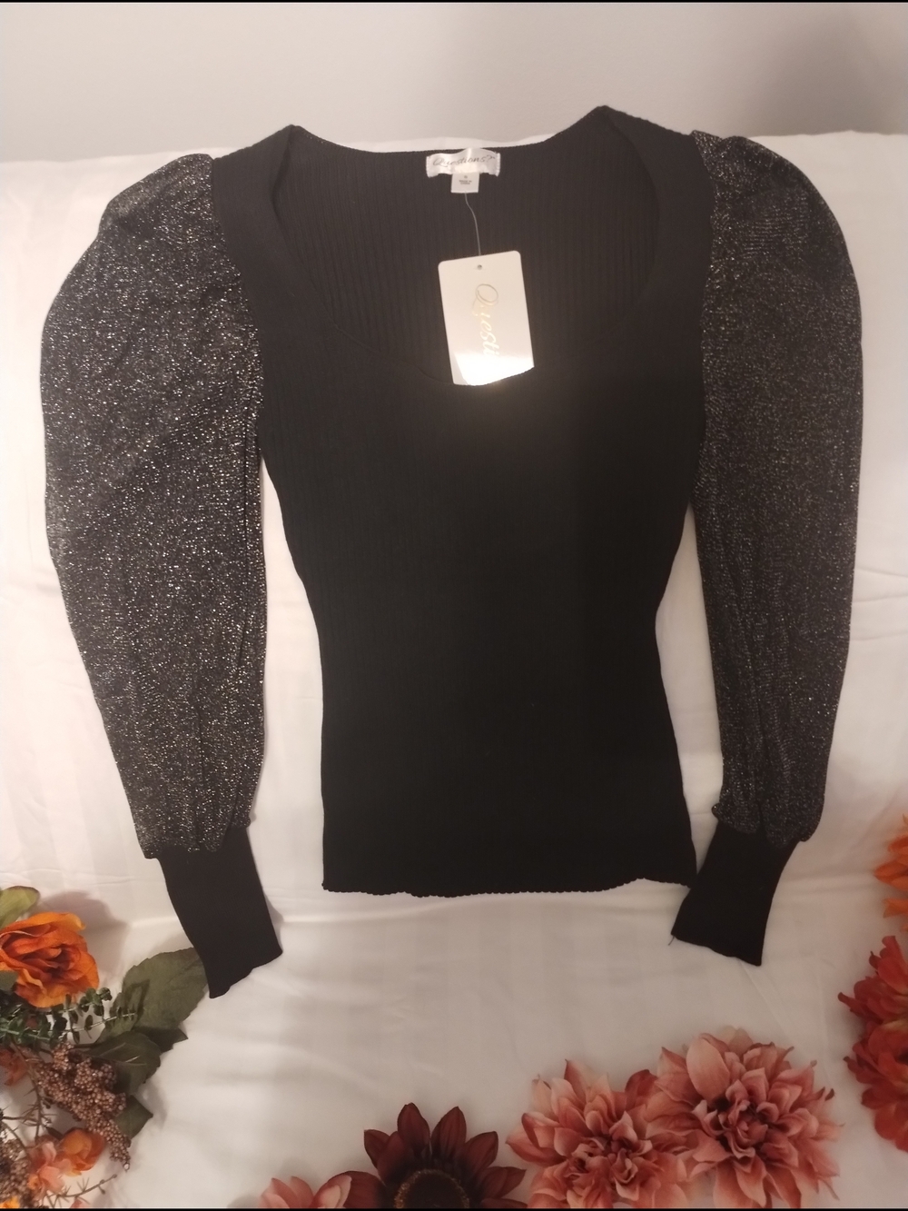 NWT Ribbed Black Top with Sparkle Puff Sleeves